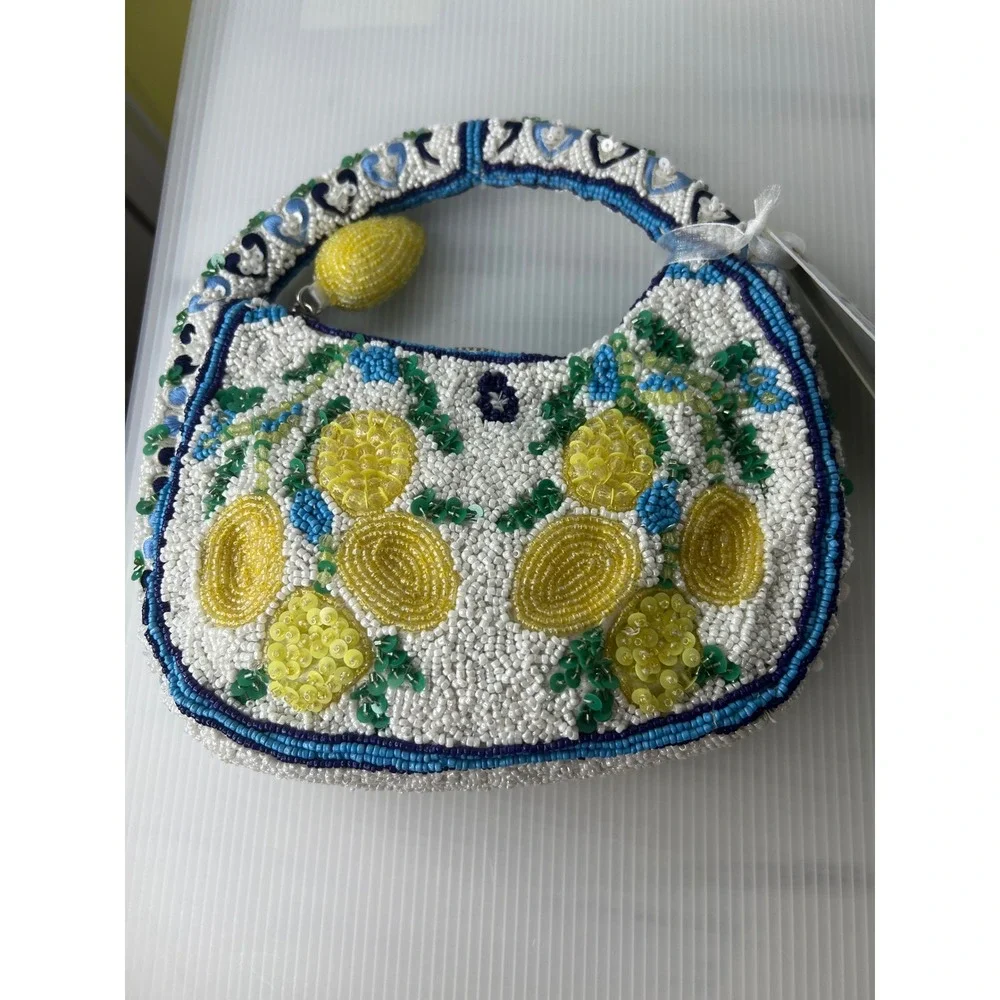 Handcrafted Beaded Lemon Mini Bag White Blue Yellow Citrus Fruit Hobo Handbag